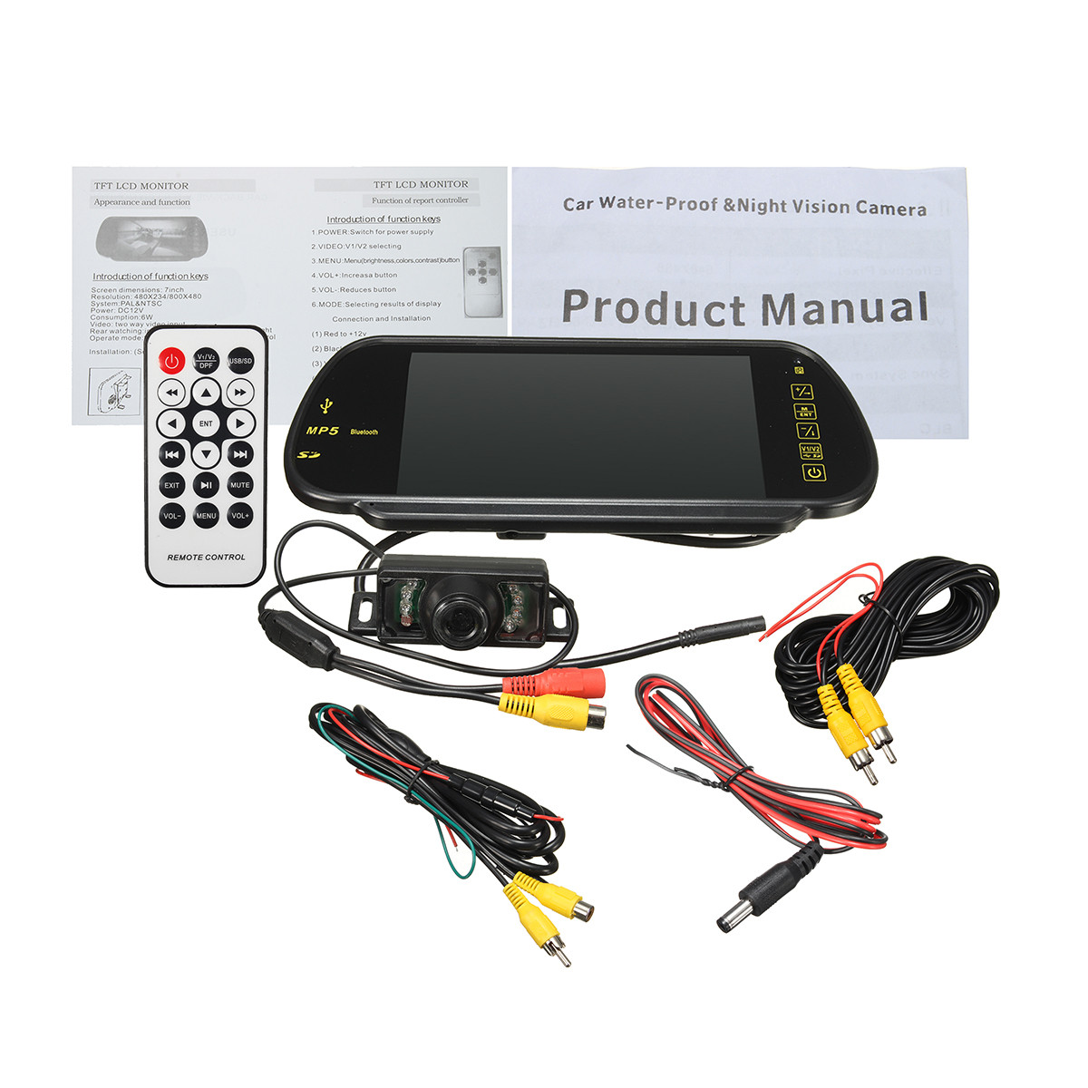 7 inch LCD MP5 bluetooth Car Rear View Parking Mirror Monitor+Reversing Car Camera Remote Controller View Video Monitor