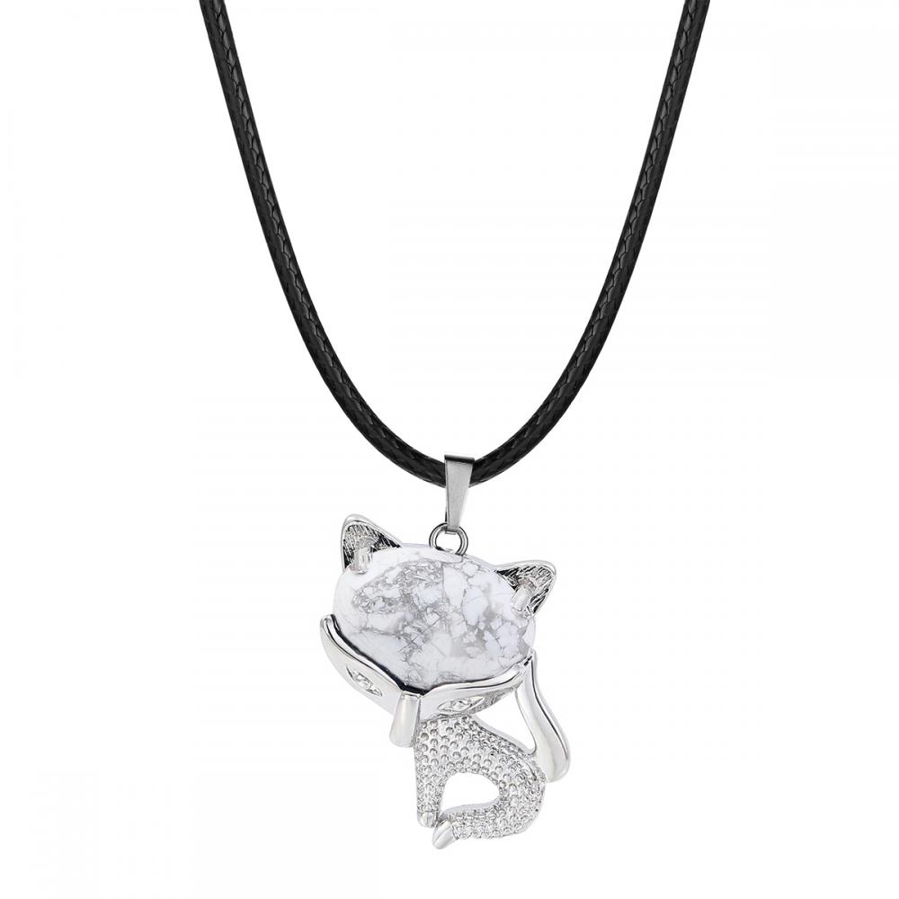 Howlite Luck Fox Necklace for Women Men Healing Energy Crystal Amulet Animal Pendant Gemstone Jewelry Gifts