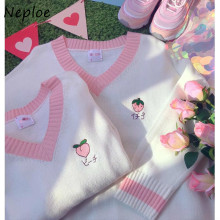 Neploe 2021 V-neck Sweet Preppy Style Sweater Women Fresh Peach Strawberry Embroidery Pullovers Panelled Patchwork Knit Tops