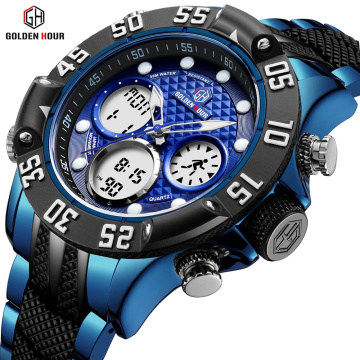 GOLDENHOUR Luxury Brand Blue Business Army Military Sport Watches Men Steel Digital Quartz Analog Watch Clock Relogios Masculino