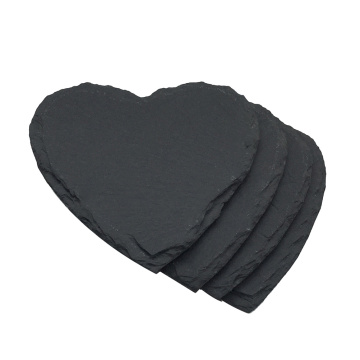 4-Piece Black Easy To Clean Unique Natural Practical Heart Slate Cup Mats for Drinks Beverages Wine Glasses