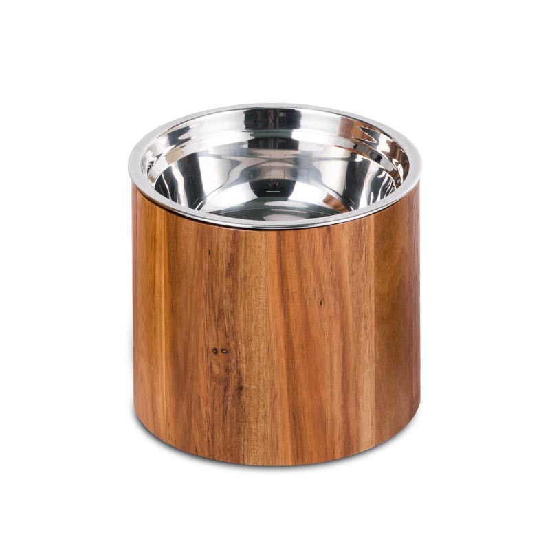 The Vela II Pet Diner Small Dog Size Feeder Bowl Acacia Wood Stainless Steel cats