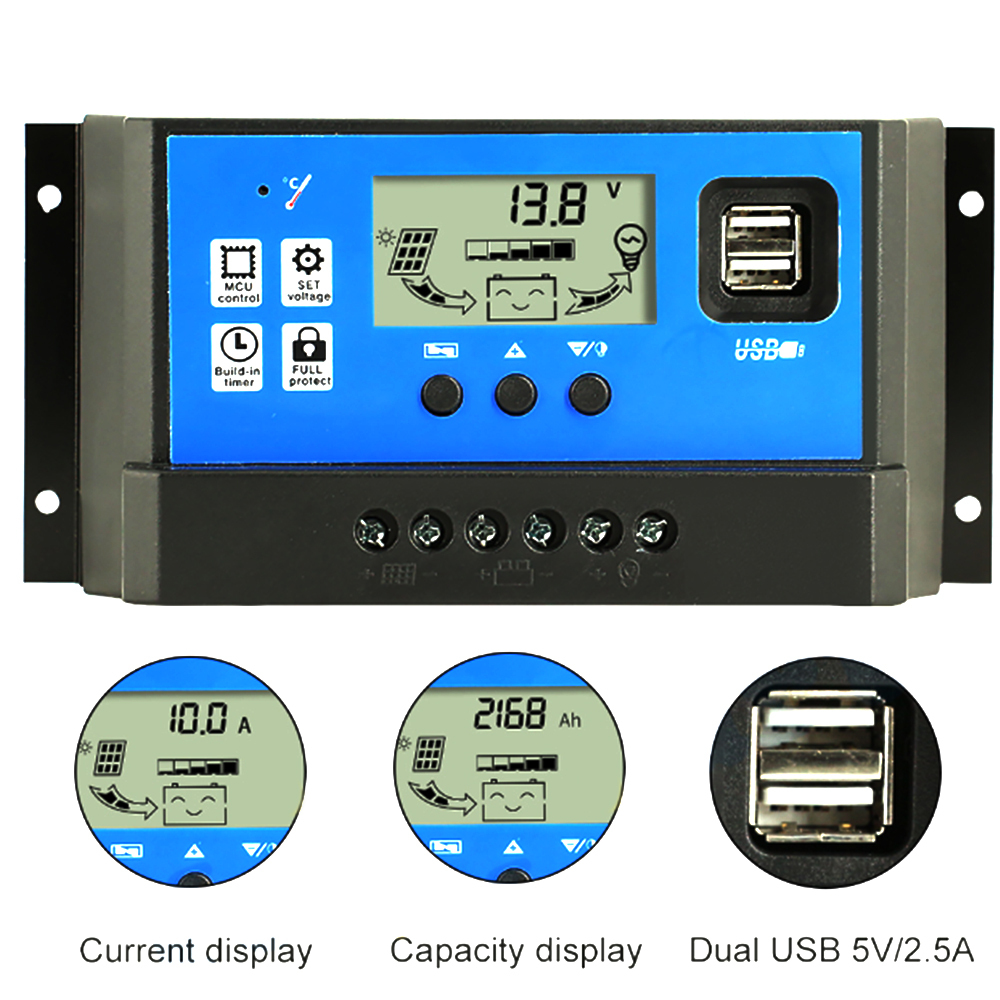 10A/20A Auto Solar Charge Controller PWM Controllers LCD Dual USB 5V Output Solar Panel PV Regulator