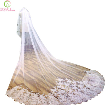 Velo SSYFashion Sweet Bridal Veil Romantic White Lace Wedding Veil 3 Meters High-end Long Tail Veils Married Wedding Accessories