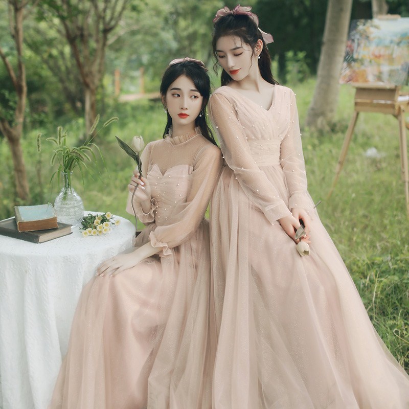 New Dusty Pink Bridesmaid Dresses Mix and Match Long Sleeves Pearls Beading Sweet Party Wedding Trends for Spring 2021