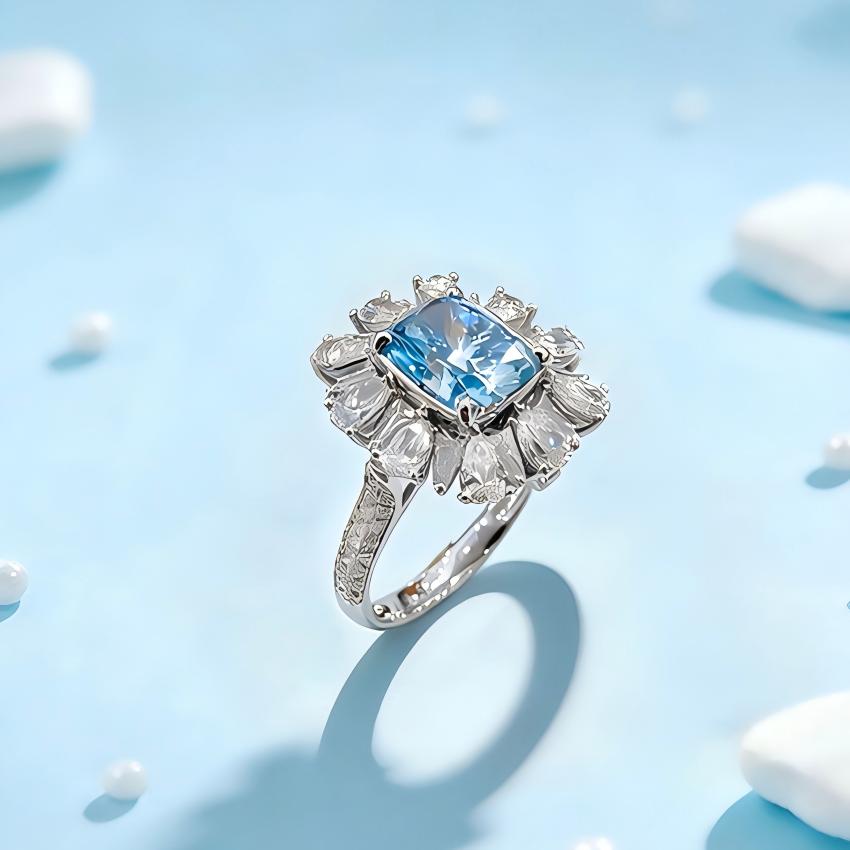 Cushion blue sunburst diamond ring worn on hand