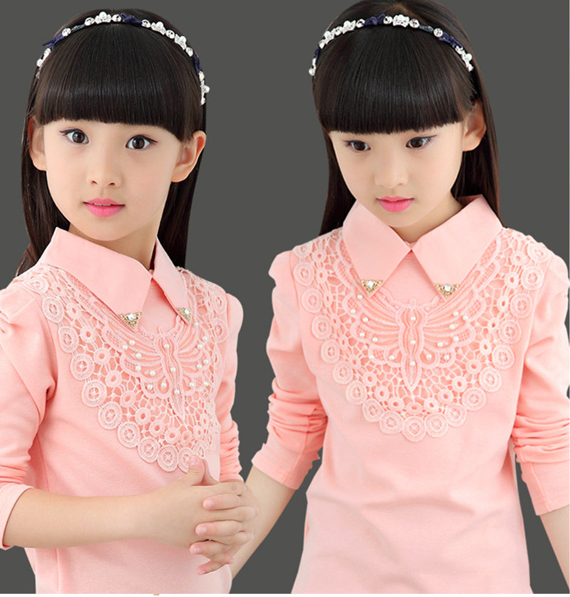 School Girls Blouse Shirts New 2018 Spring Fashion Kids Solid Turn-Down Lace Flower Blouses High Quality Children Cotton Clothes