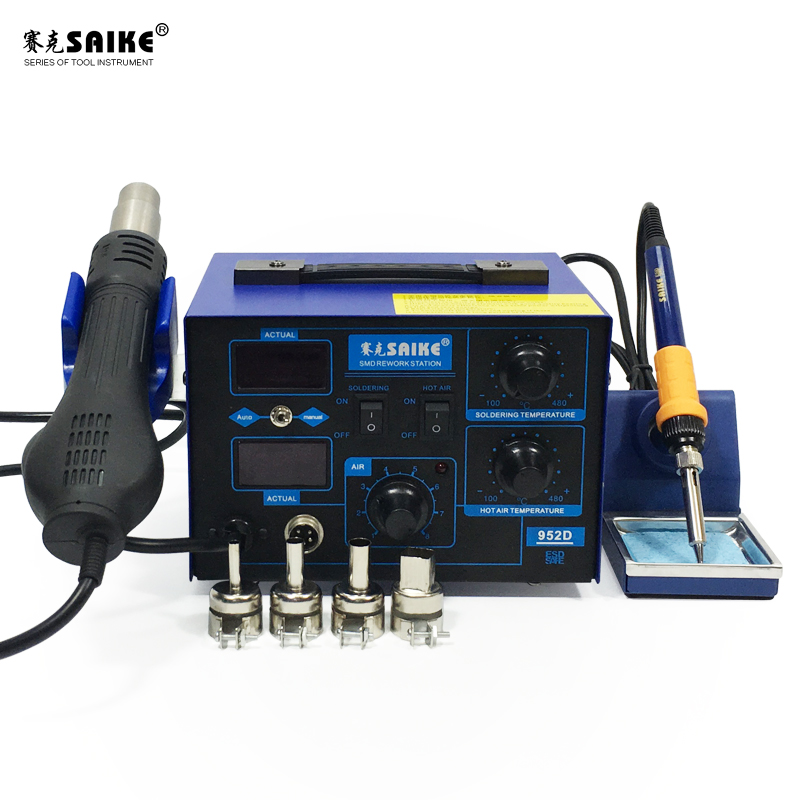 SAIKE 952D 2 in 1 SMD Rework Soldering Station Hot Air Gun Solder Iron Desoldering digital display nozzle Air gun handle