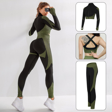 3 Piece Seamless Yoga Set Female Sport Gym Clothes Women Yoga Pants+Sports Bra+Full Zip Crop Top Long Sleeve Workout Clothing