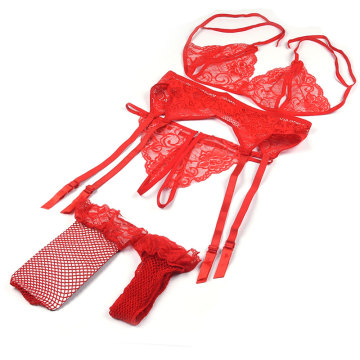 New 4 Pcs Set Women Sexy Underwear Lingerie Hot Erotic Open Bra Crotch Lace Costumes With Bow Garter Belt Fishnet Stockings