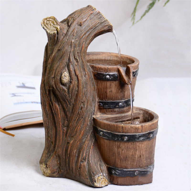 Resin Wooden Barrel Design Water Fountain Furnishings Home Decoration Cask Shape Crafts Gifts Feng Shui Waterscape Ornaments