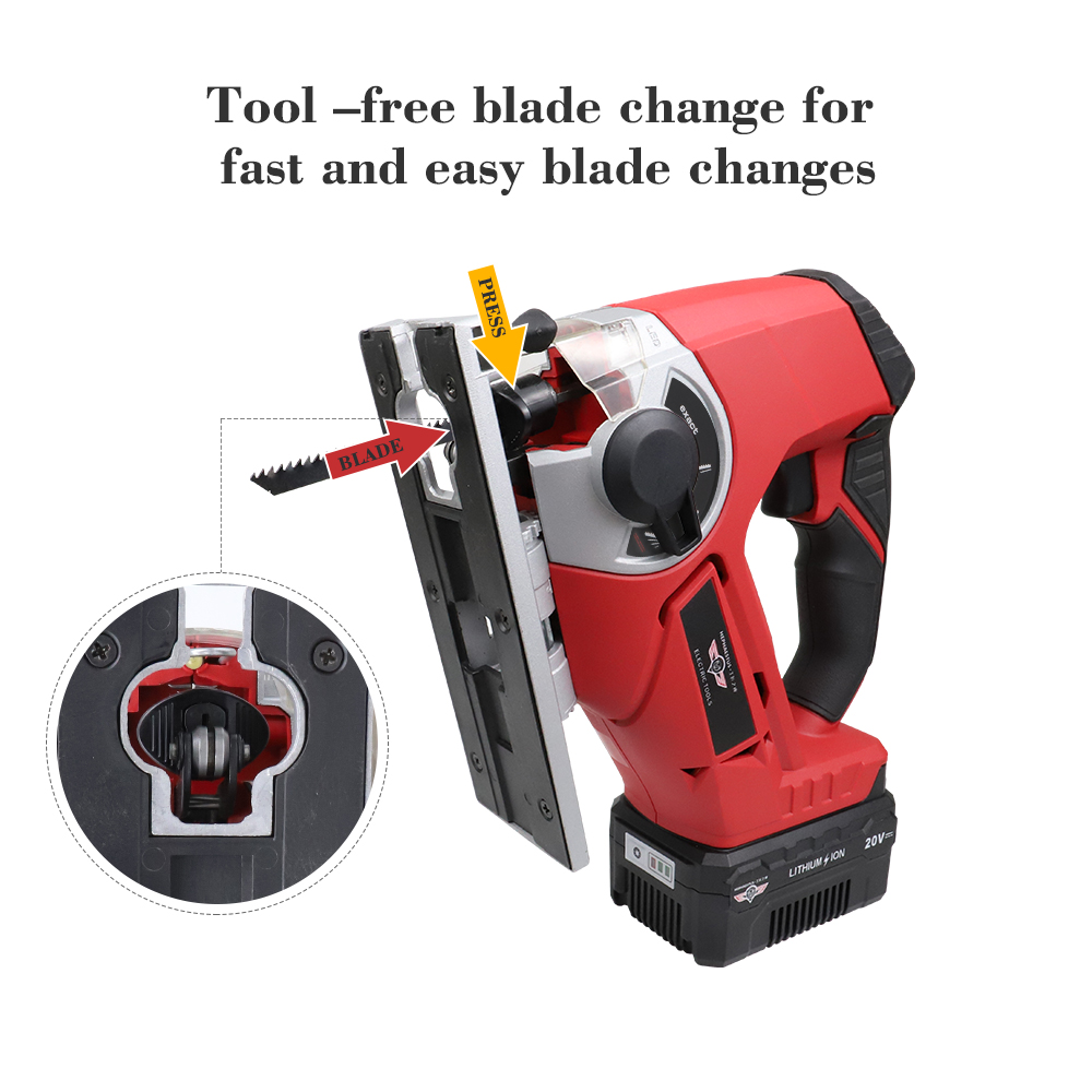 20V Cordless Jig Saw Scroll saw Electric Power Tool Quick Change Blade LED Light With 6Pcs Blades,metal ruler, Stepless speed