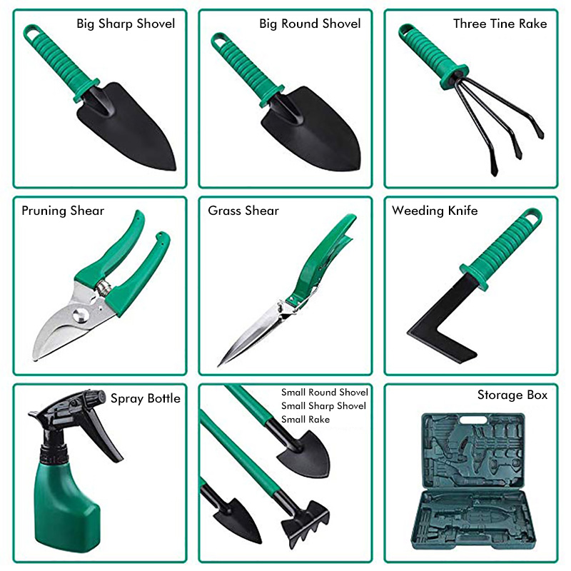 10Pcs Garden Tools Set Shovel Sprayer Digging Weeder Rake Pruning Shears Gardening Tools Kit Non-Slip Handle with Box