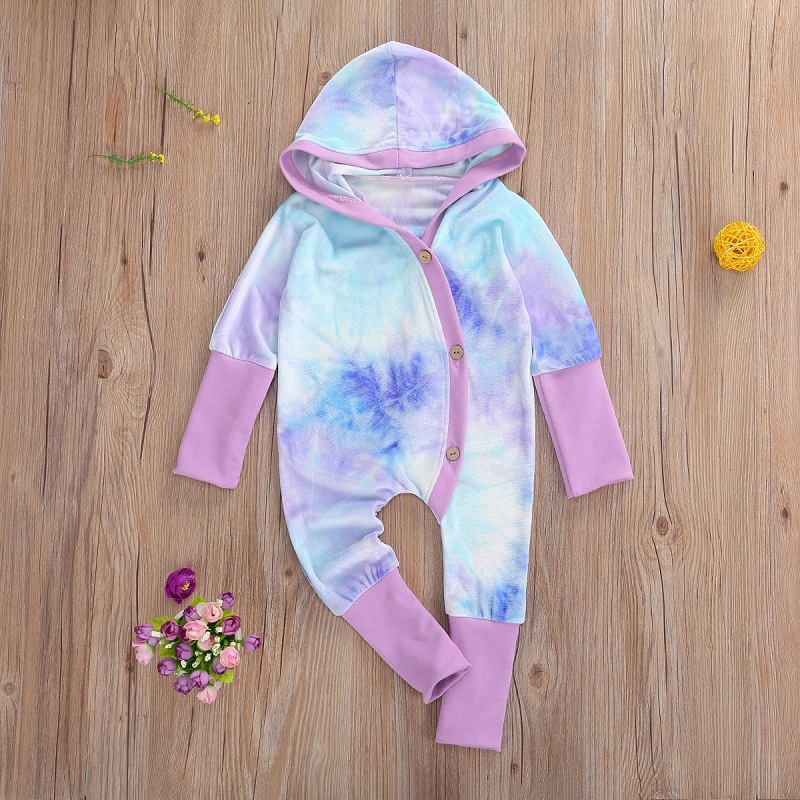 Infant Newborn Baby Romper, Tie-Dye Print Long Sleeve Hooded Starry Jumpsuit for Boys and Girls Spring Autumn