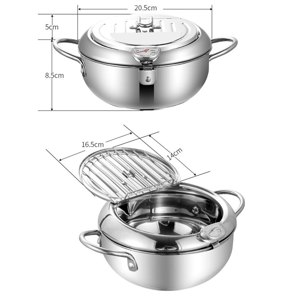 20/24cm Stainless Steel Fryer Deep Frying Pot Household with a Thermometer and a Lid with Filter Kitchen Fryer Pan