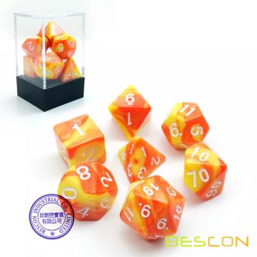 Bescon Gemini Polyhedral Dice Set Saffron, Two Tone RPG Dice Set of 7 d4 d6 d8 d10 d12 d20 d% Brick Box Pack