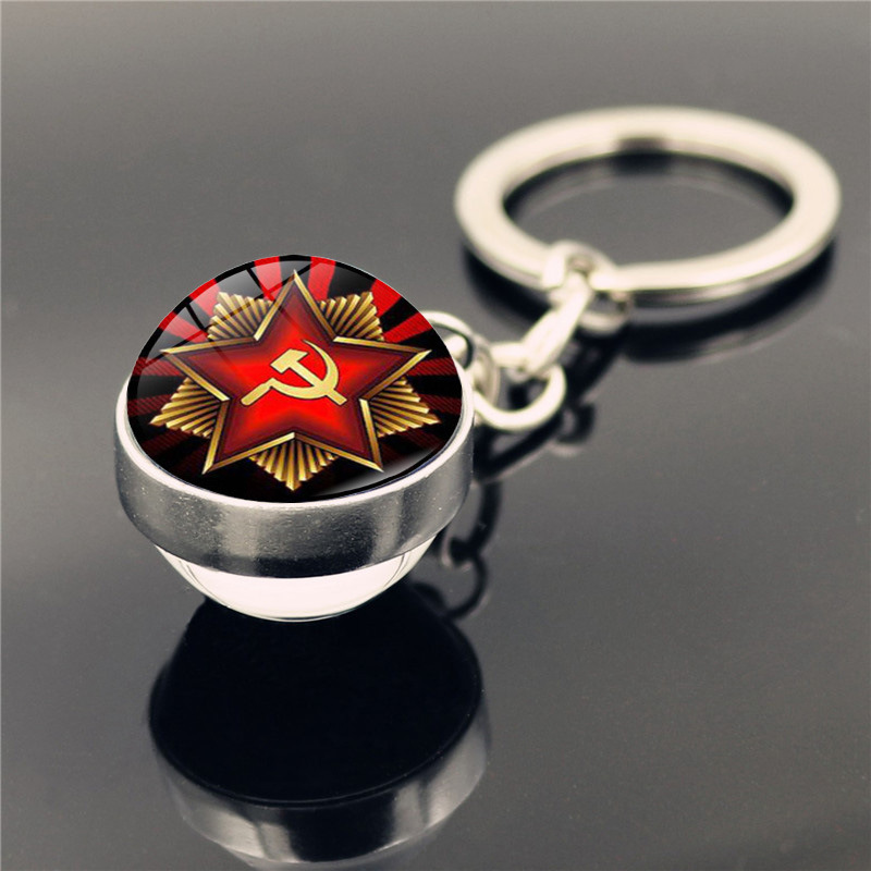 USSR Soviet Badges Sickle Hammer Glass Ball Keychain CCCP Russia Emblem Communism Sign Top Grade Silver Color Key Chain Gift