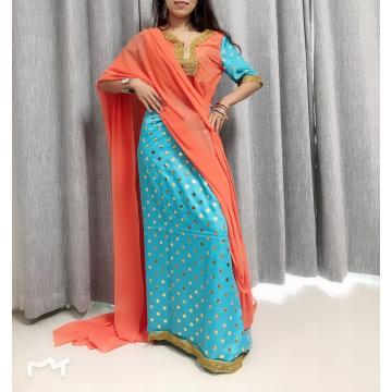 Custom sari india pakistan clothing Hot stamping lace v-neck India dress Chiffon Bright color indian saree