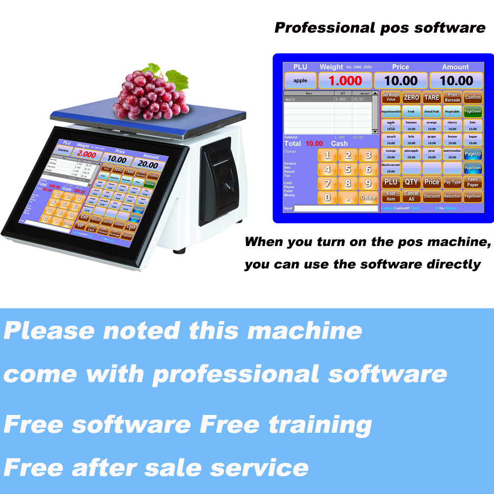 12 inch pos scale with free software built in 58mm thermal printer connect with barcode printer and scanner