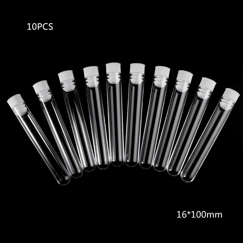 10Pcs Plastic Test Tubes Lab Test Tool With Screw Cap Transparent 16x100mm G6DD