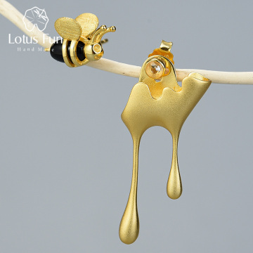 Lotus Fun Real 925 Sterling Silver Handmade Fine Jewelry 18K Gold Bee and Dripping Honey Asymmetric Stud Earrings for Women Gift