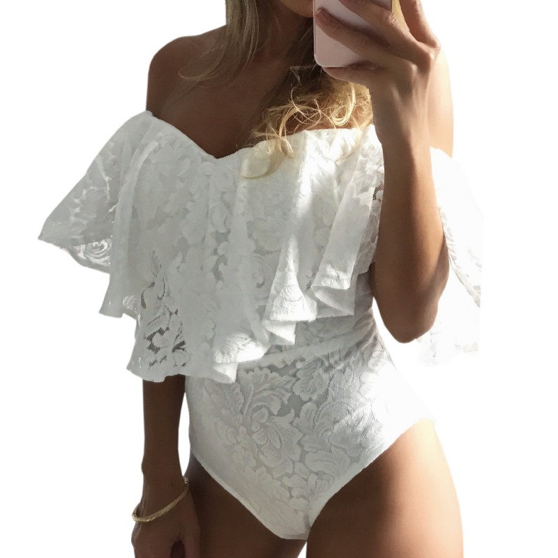 Ruffles Sexy Lace Rompers Summer Jumpsuits Off Shoulder Slash Neck Body Top Beach Overalls Female Bodysuits NV 8