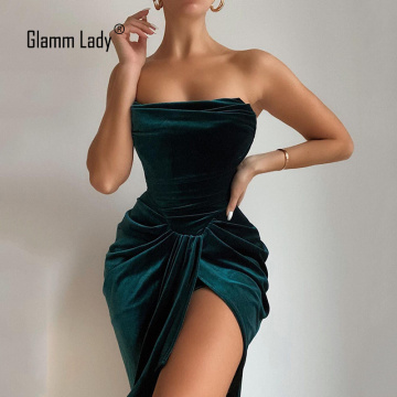 Glamm Lady Velvet Winter Casual Sexy Dress For Womens Strapless Midi Autumn Party Dress Club Bodycon Dress Solid Split Vestidos