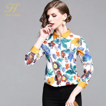 H Han Queen Flower Work Blusa Turn-down Collar Vintage Print Tops New Elegant Chiffon Women Blouses Long Sleeve Casual Shirts