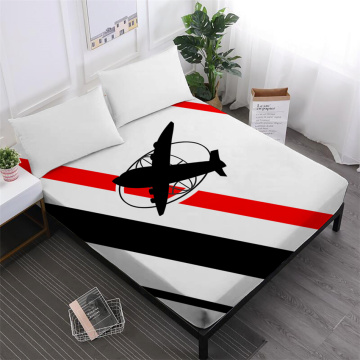 Cartoon Airplane Bed Sheet Red Black Patchwork Fitted Sheet Twin Full King Queen Bedclothes Deep Pocket Mattress Cover