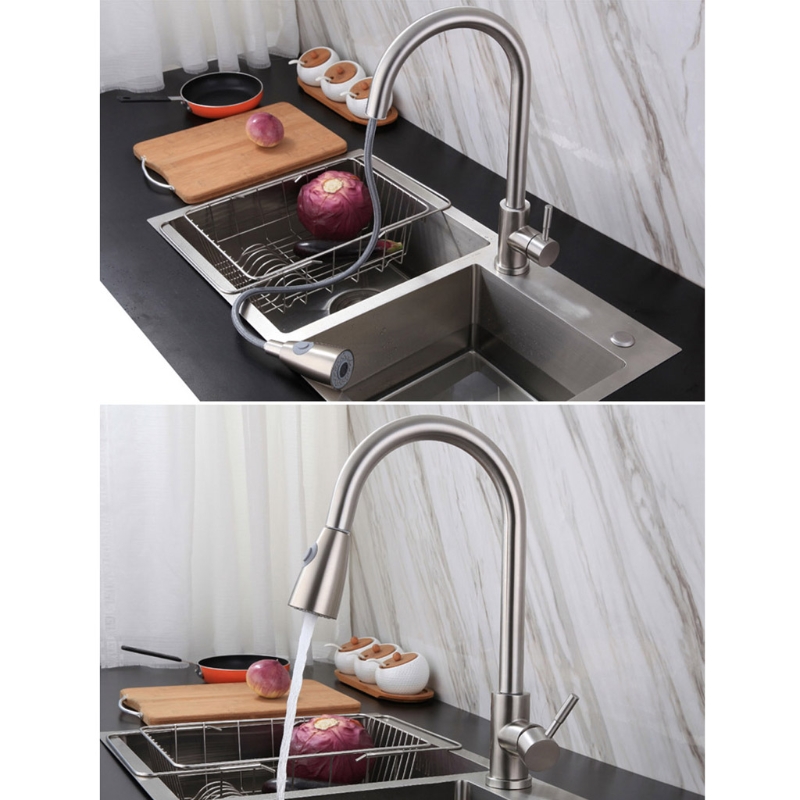 1/2" Stainless Steel Kitchen Sink Faucets with Pull Down Sprayer Single Handle Deck Mount Pull Out 360° Swivel Faucets