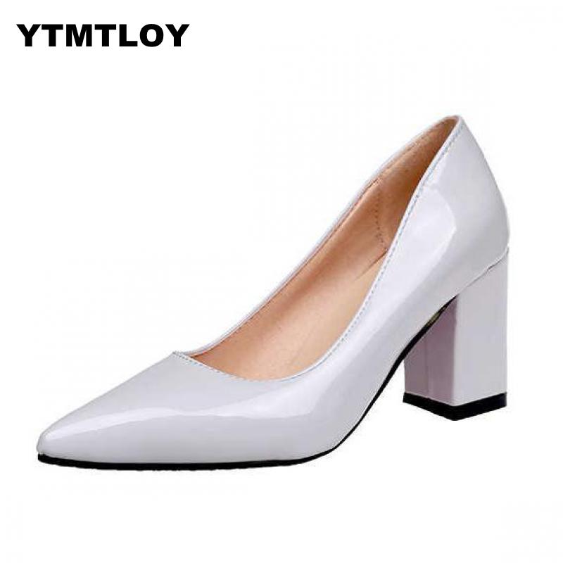 Plus size 33-48 Shoes Square Block Heels Women Pumps Pointed Toe Fashion Gray High Heels Leather Black Party Red Sexy Platform
