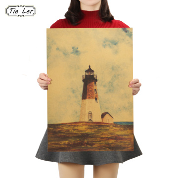 TIE LER Wall Sticker Eternal Promise White Lighthouse Oil Painting Retro Kraft Paper Poster Bedroom Sticker 51.5X36cm