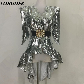 Gold Silver Sequins Tailcoat Costume Tuxedo Jazz Dance Performance Clothes Women DJ Singer Sexy Dancer Nightclub Stage Wear