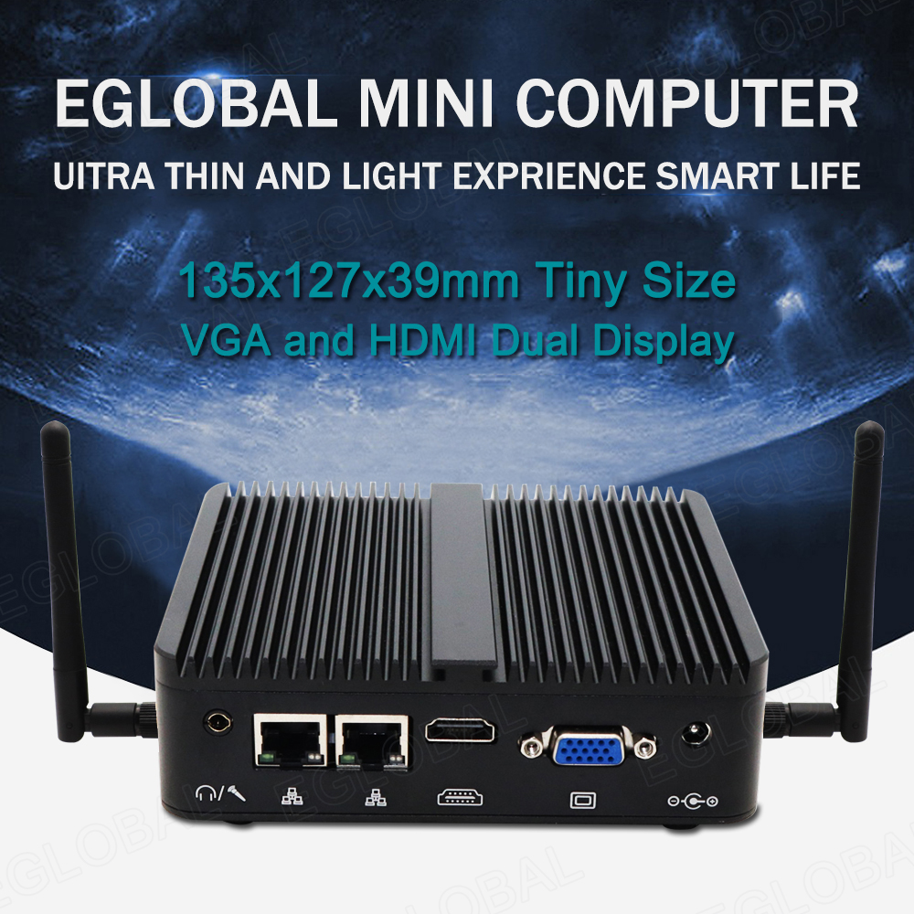 Eglobal Fanless Mini PC Intel Celeron J4105 2LAN 2COM Small Industrial Computer Windows 8/10 HTPC 16GB DDR4 RAM HDMI VGA