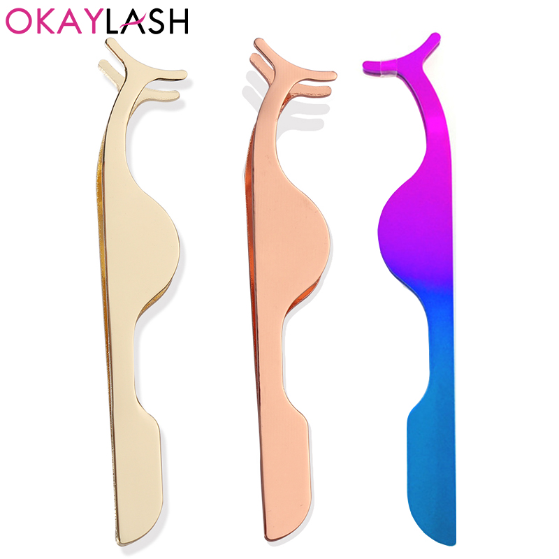 OKAYLASH Luxury High Quality Stainless Rainbow Color Eyelash Tweezers Rose Gold Eye Lash Clip Applicators Beauty Makeup Tools