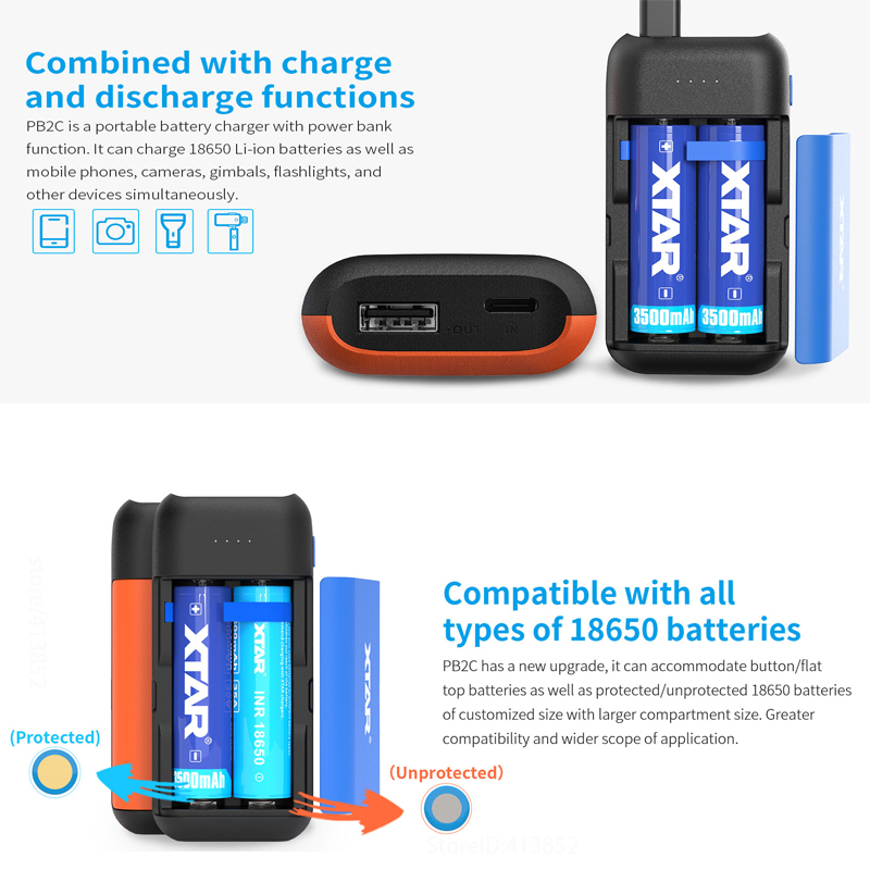 XTAR 18650 Charger BLACK PB2C Battery Charger 5V2.1A INPUT ype-C Powered Power Bank Function Portable PB2C BATTERY CHARGER 18650