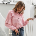 Simplee Vintage ruffled women blouse shirt Elegant dot print buttons female tops shirts Autumn spring office ladies work blouses