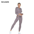 NCLAGEN Women Sportswear Yoga Set Sport Bodybuilding Suit Stretchy Gym Workout Long Sleeves Tracksuit Fitness Crop Top Leggings