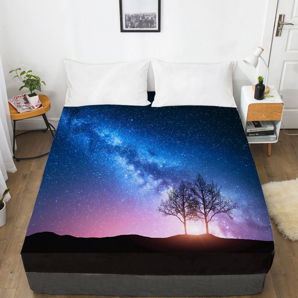 3D Bed Sheet With Elastic Fitted Sheet Double Mattress Cover 135/150/180/200/160x200 Bedding Galaxy Black