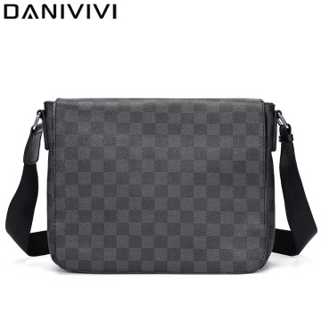 Vintage Plaid Men's Handbag Leather Briefcase Messenger Bag for Men Document A4 Business Shoulder Bag Male Laptop Crossbody Bag