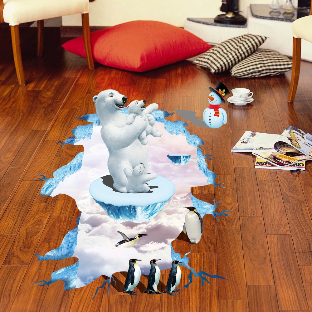 Creative 3D Polar bear penguin Floor stickers for kids rooms decals home decor landscape False windows Wall sticker decoration