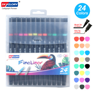 24 Colors Dual Tip Brush Pens with 0.4mm Fineliner&Fiber Brush Tip Art Markers Water Based Ink Color Pens Supplies for Children