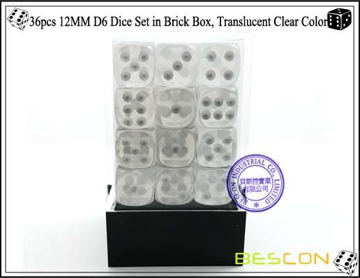 36pcs 12MM D6 Dice Set in Brick Box, Translucent Clear Color-2