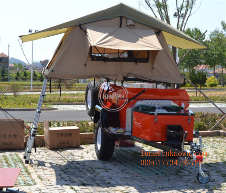 Small 4.1m camper caravan travel trailer Fold & Rear Sliding Camper Trailer&Caravan with Inflatable or tent pole annex