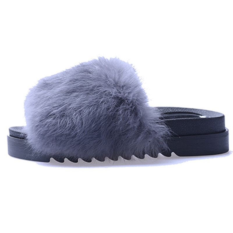 Women Slippers Real Fur Platform Flat Shoes Thick Sole Fashion Autumn Winter Flip Flop Outdoor Non-slip Casual Solid Female