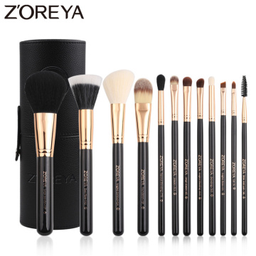 ZOREYA Brand 12Pcs Black Makeup Brush Sets High Quality Natural Goat Hair Cosmetic Tools Power Foundation Lip Concealer Brushes