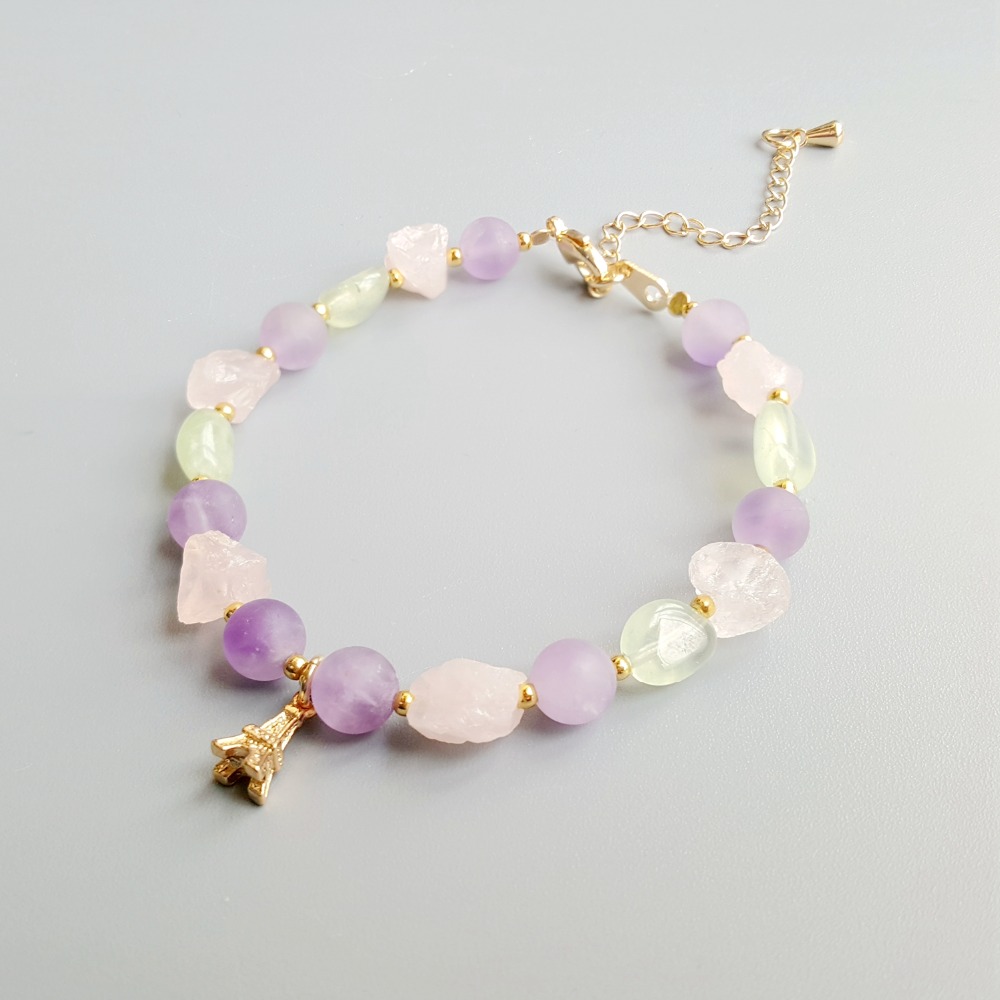 Lii Ji Amethyst Prehnite Rose Quartz Natural Stone Bracelet Iron Tower Charm Delicate Jewelry For Child or Women Girl Bracelet