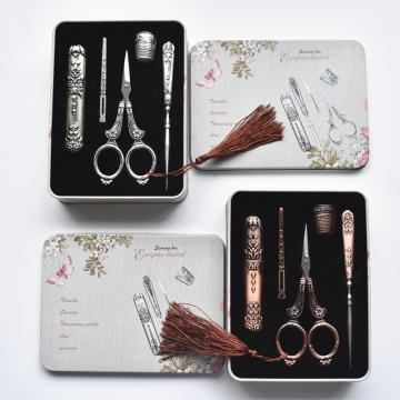 1 Set Retro Vintage Scissor+Needle Case+Awl+Threader+Thimble+Iron Box Cross Stitch Embroidery Scissors Sewing Tailor Scissors