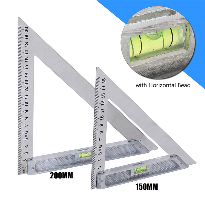 JIGUOOR 150mm 200mm Triangle Ruler Measuring Tool 90 degree Alloy with Level Bubble Bead Horizontal Woodworking