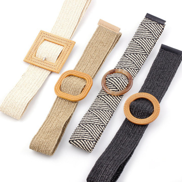 Women's Straw Knitted Elastic Belt Girl Holiday Seaside Bohemian Ethnic Style Round Square Button Wax Rope Woven Wide Belt Strap